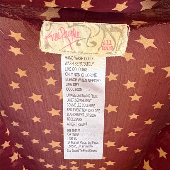 Free People Burgundy Sheer Star-Print Tie-Front Kimono Top✨ - Picture 9 of 10